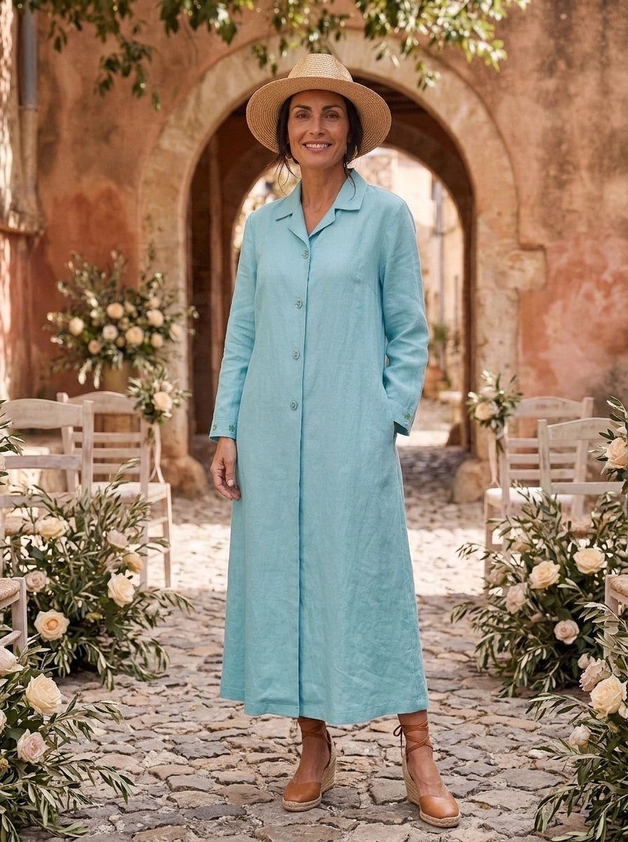 Embroidered Gertrude Coat Dress Linen Blue