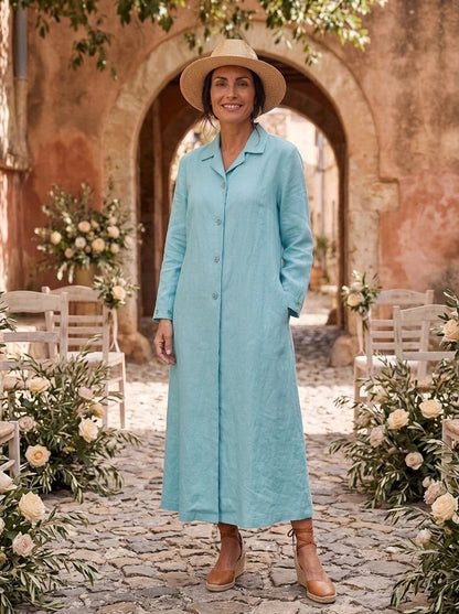 Embroidered Gertrude Coat Dress Linen Blue