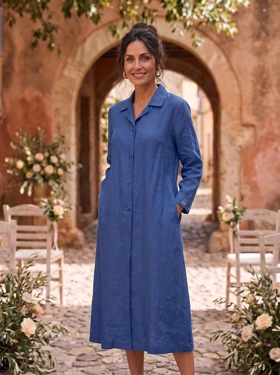 Embroidered Gertrude Coat Dress Linen Indigo
