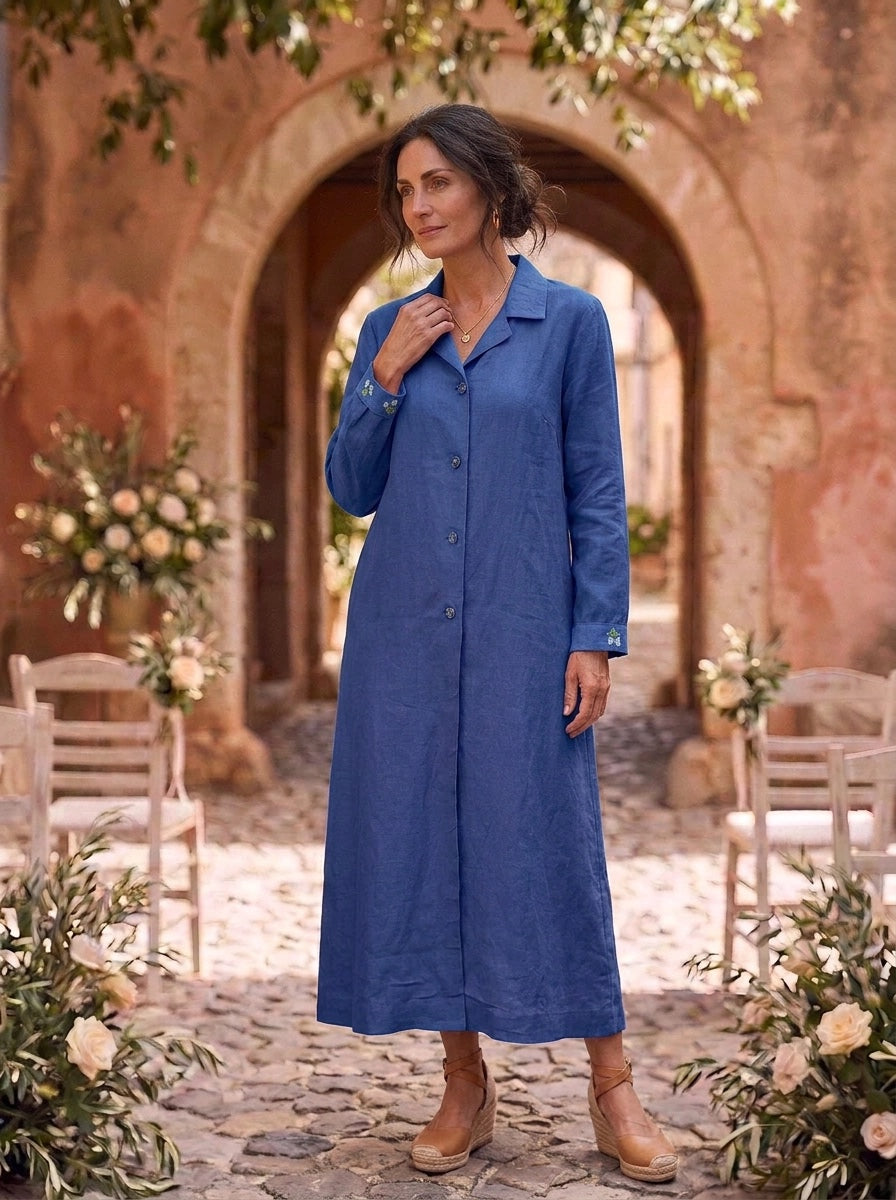 Embroidered Gertrude Coat Dress Linen Indigo