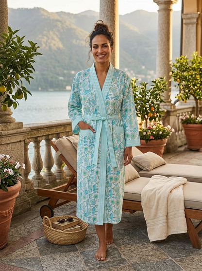 Hand Block Printed Kimono Robe - Apple Green