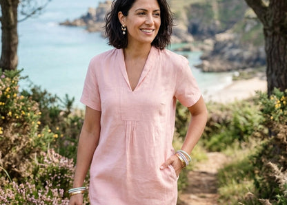 Elodie Short Sleeve Midi Dress Linen - Shell Pink