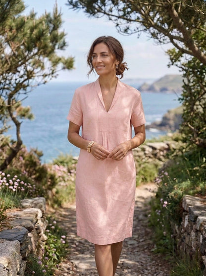Elodie Short Sleeve Midi Dress Linen - Shell Pink