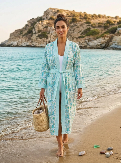 Hand Block Printed Kimono Robe - Apple Green