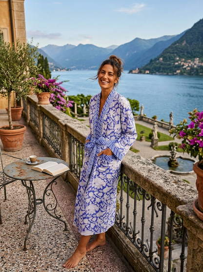 Hand Printed Cotton Kimono Robe -  China Blue