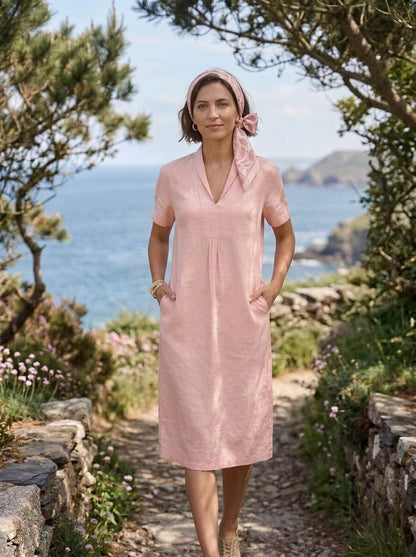 Elodie Short Sleeve Midi Dress Linen - Shell Pink