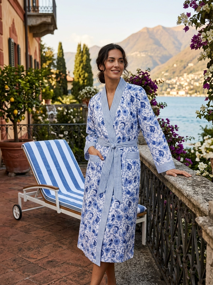 Hand Printed Cotton Kimono Robe - Cornflower Blue