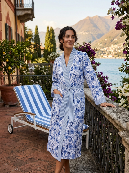 Hand Printed Cotton Kimono Robe - Cornflower Blue