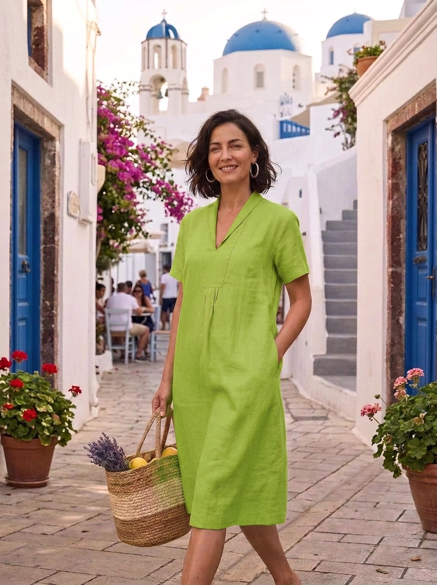 Elodie Short Sleeve Midi Dress Linen - Parrot Green