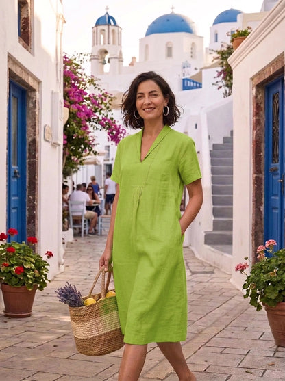 Elodie Short Sleeve Midi Dress Linen - Parrot Green