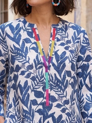 Lino Print Embroidered Kaftan Linen - Blue