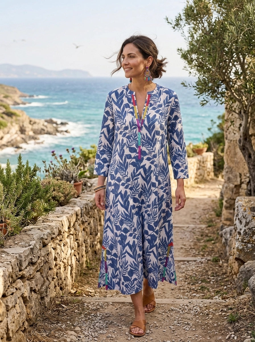 Lino Print Embroidered Kaftan Linen - Blue