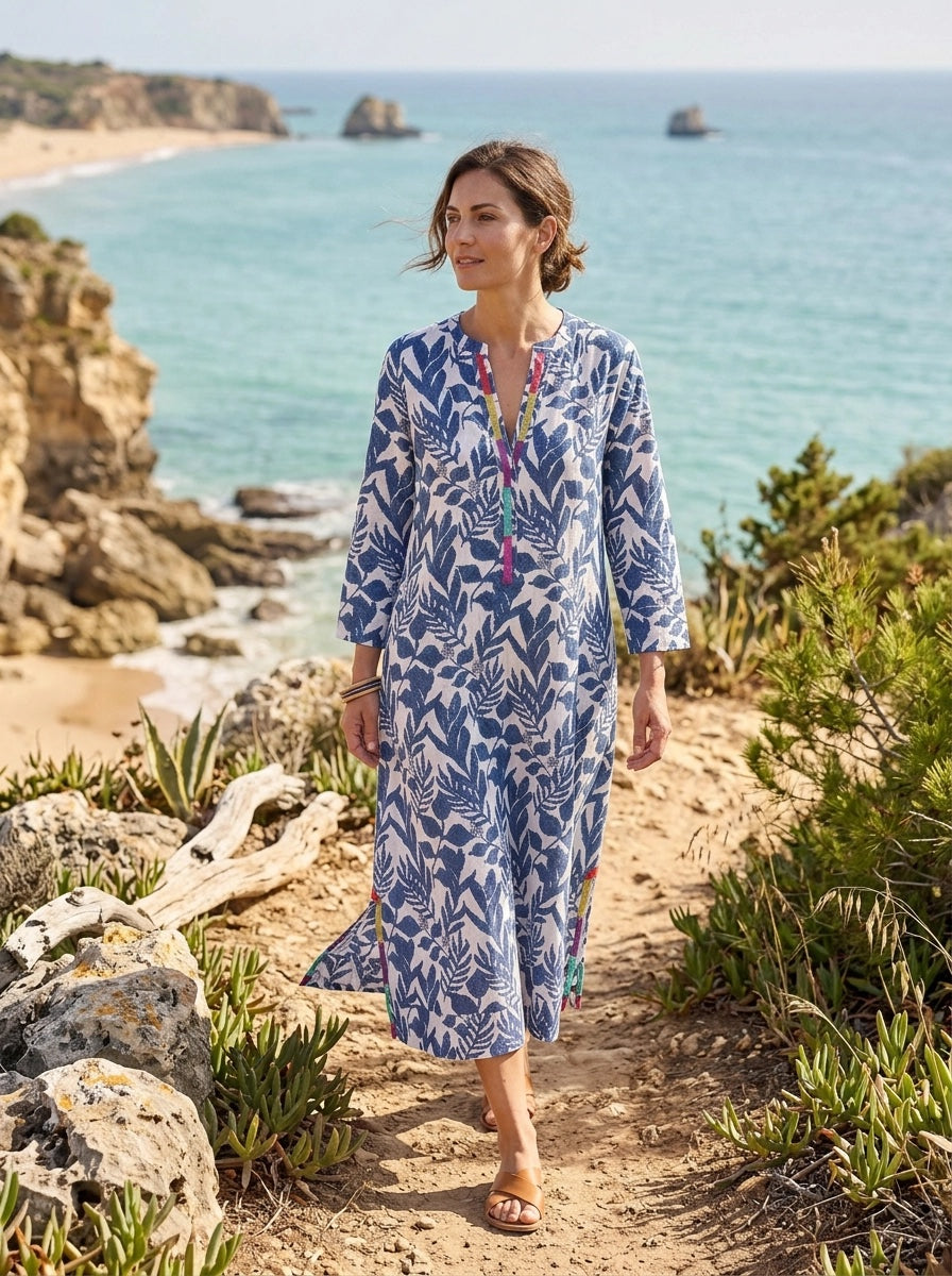Lino Print Embroidered Kaftan Linen - Blue