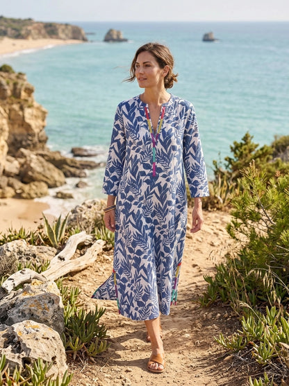 Lino Print Embroidered Kaftan Linen - Blue
