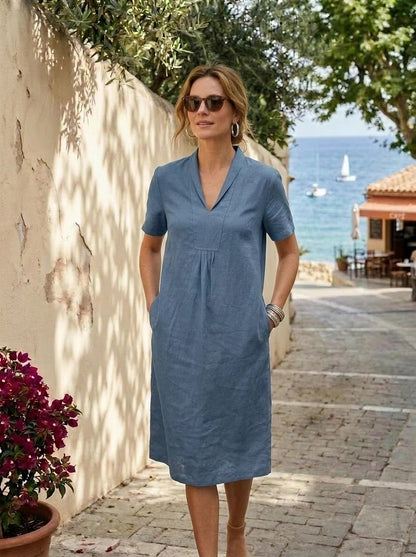 Elodie Short Sleeve Tunic Dress Linen - Dusky  Blue