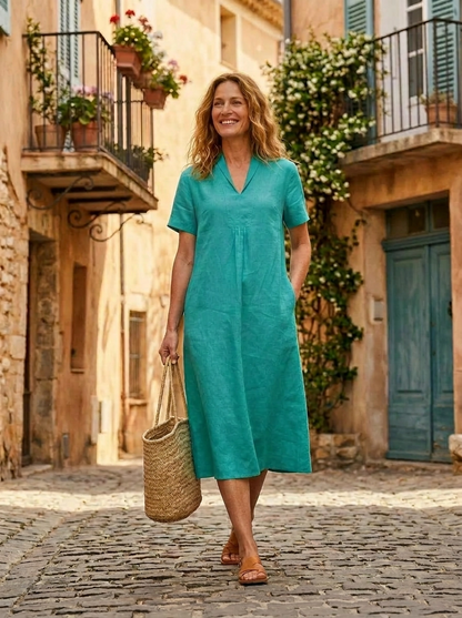 Elodie Short Sleeve Midi Dress Linen - Aqua
