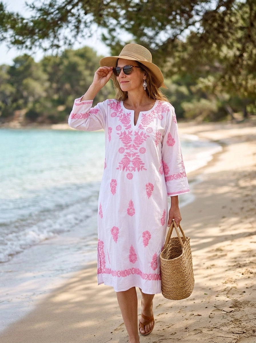 White Harriet Dress with Pink Hand Embroidery