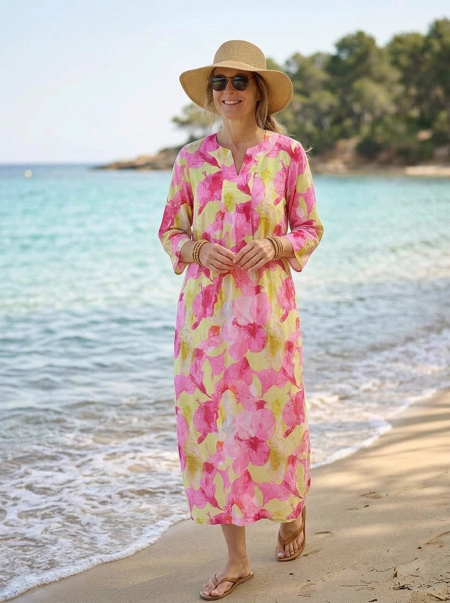 Hibiscus Hill Print Linen Maxi Dress -Lime