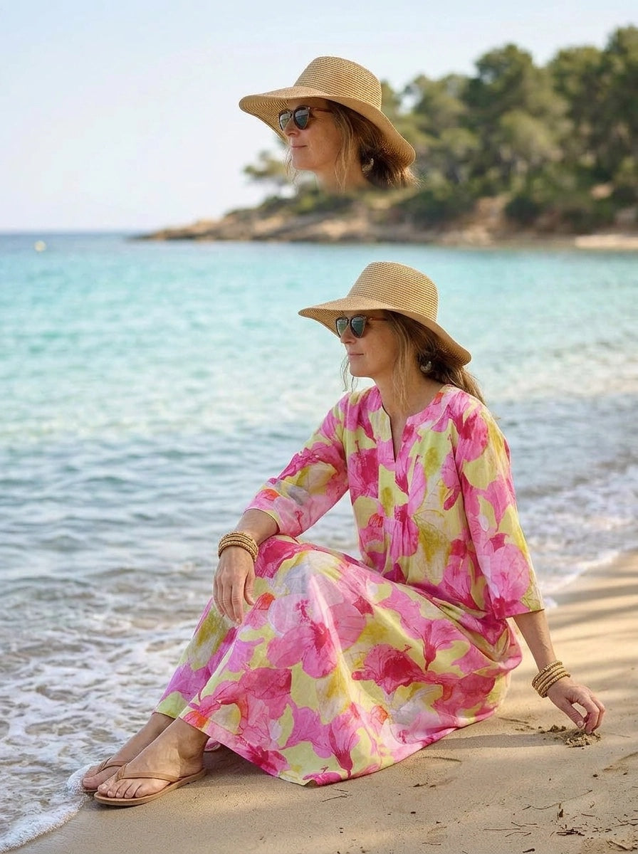 Hibiscus Hill Print Linen Maxi Dress - Lime