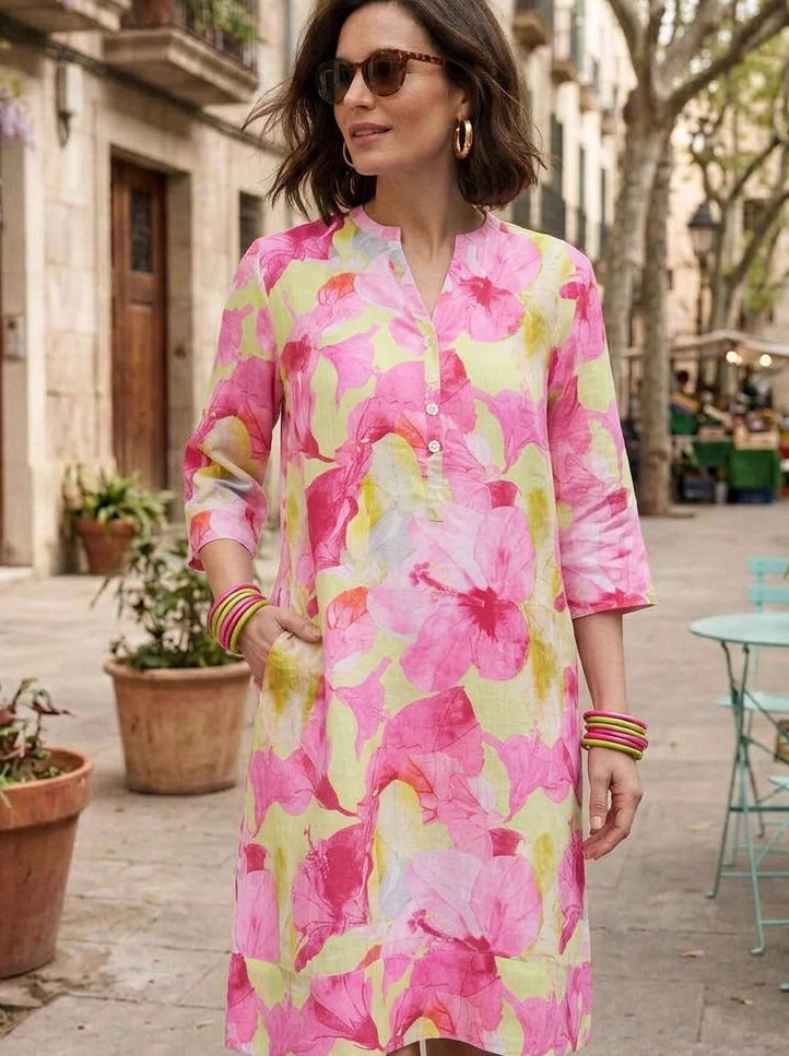 Hibiscus Hill on White Tunic Dress Linen