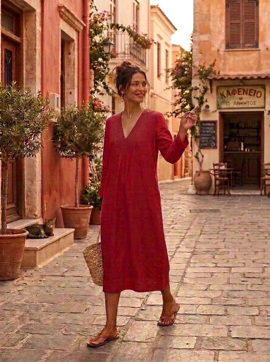 Picot MIDI Dress Linen - Red