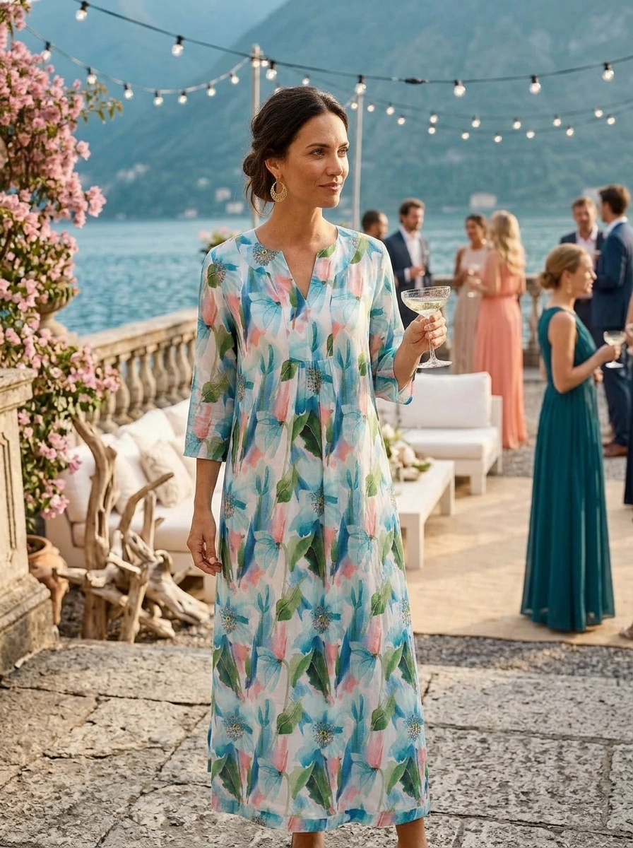 Life Style Tulip Print Maxi Dress Linen - Blue