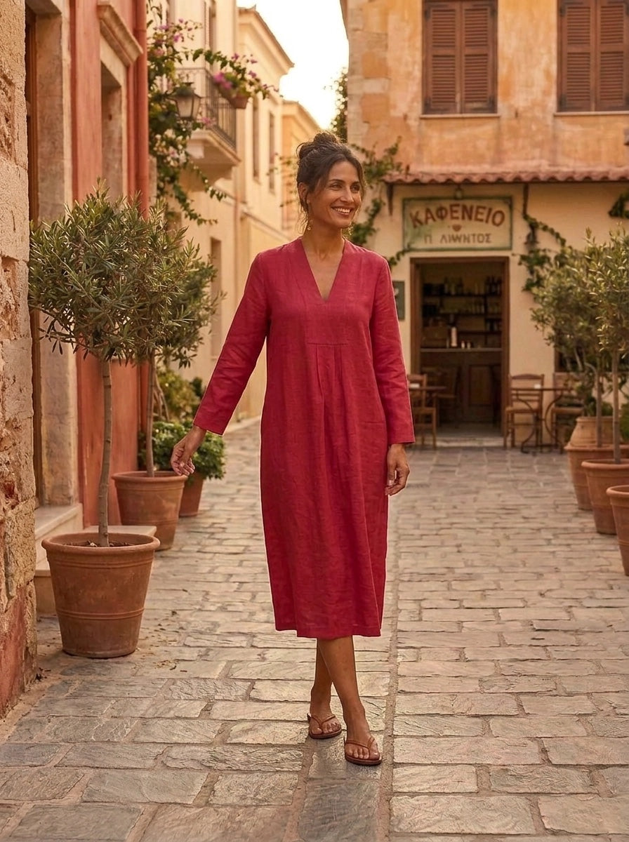 Picot MIDI Dress Linen - Red