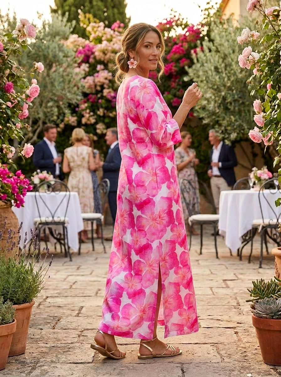 Life Style Pink Oleander Print Linen Maxi Dress - Pink