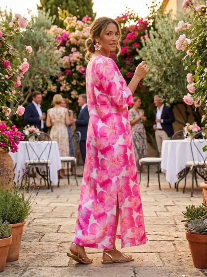 Life Style Pink Oleander Print Linen Maxi Dress - Pink