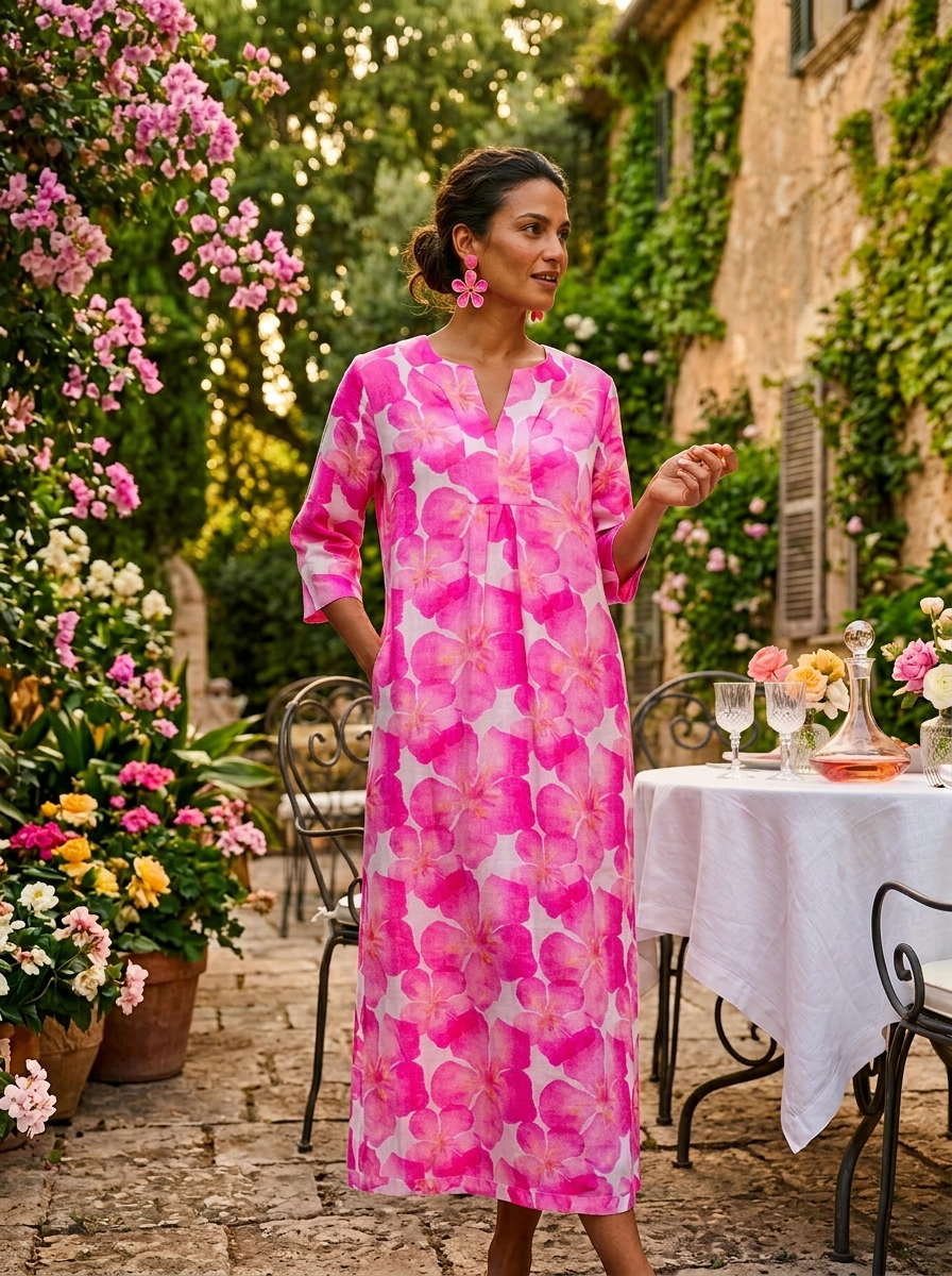 Life Style Pink Oleander Print Linen Maxi Dress - Pink