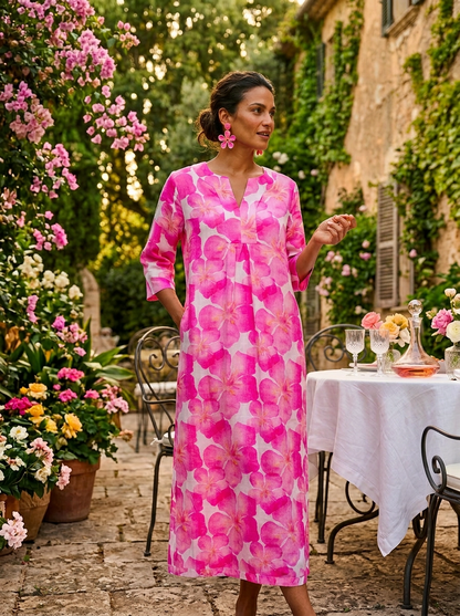 Life Style Pink Oleander Print Linen Maxi Dress - Pink