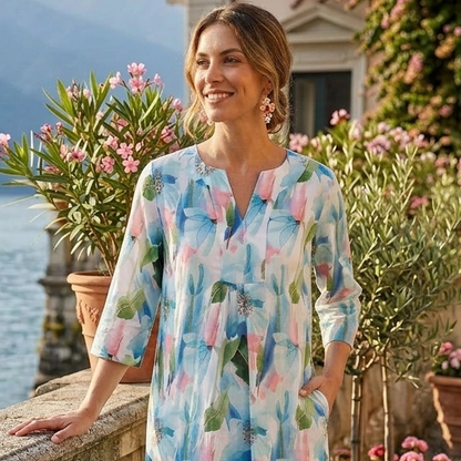 Life Style Tulip Print Maxi Dress Linen - Blue