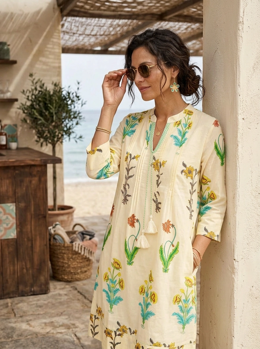 Botanical Tassel Kurta Cotton Lemon Popcorn