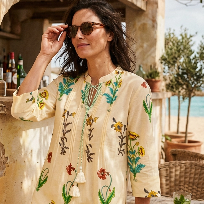 Botanical Tassel Kurta Cotton Lemon Popcorn