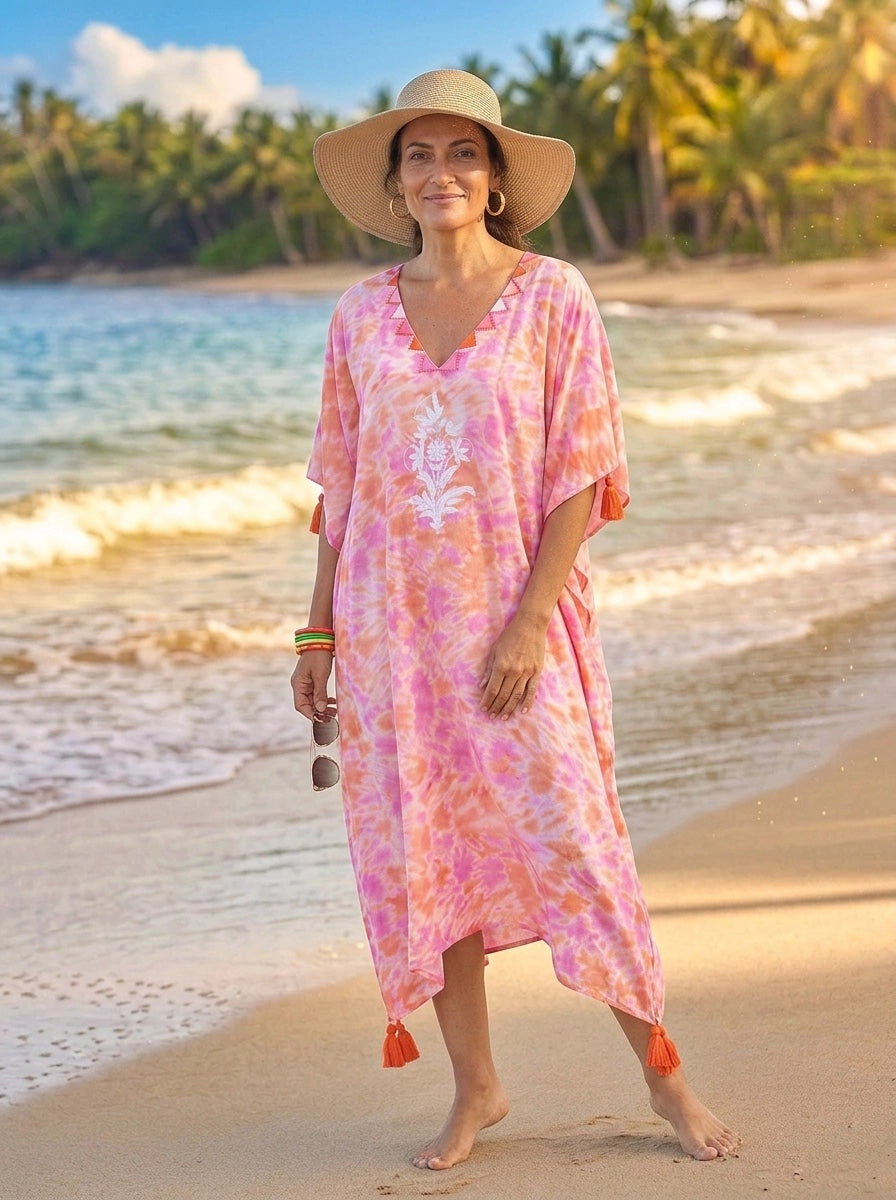 Felicity Embroidered Kaftan Cotton Cambric Pink