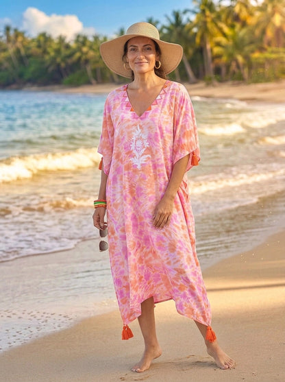 Felicity Embroidered Kaftan Cotton Cambric Pink