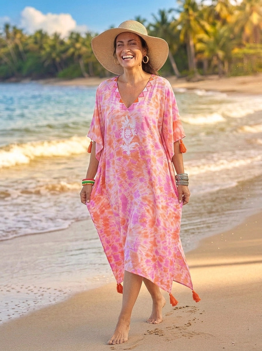Felicity Embroidered Kaftan Cotton Cambric Pink