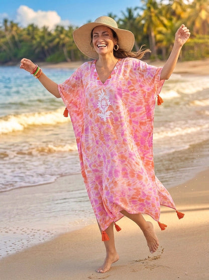 Felicity Embroidered Kaftan Cotton Cambric Pink