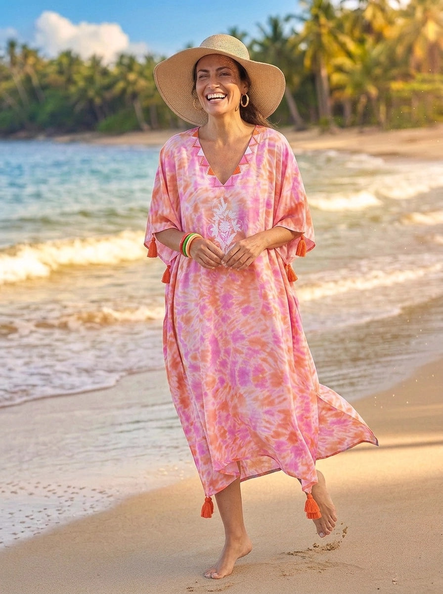 Felicity Embroidered Kaftan Cotton Cambric Pink