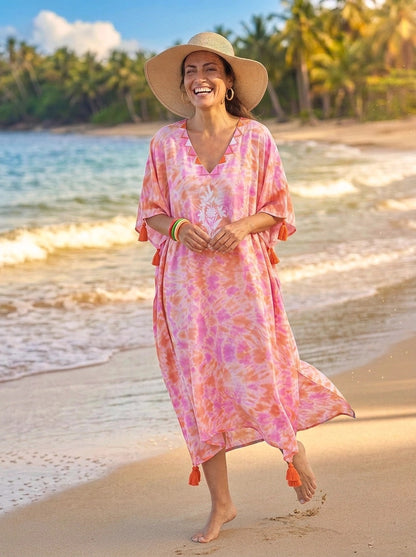 Felicity Embroidered Kaftan Cotton Cambric Pink