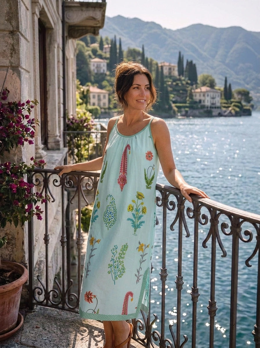 Botanical Strappy Nightdress - Persian Blue