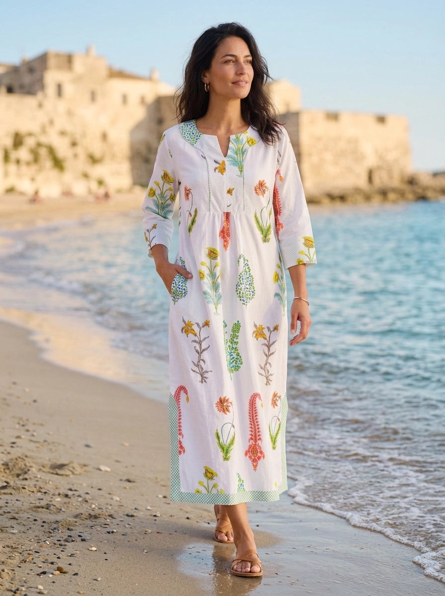 Botanical Maxi Dress Cotton White Multi