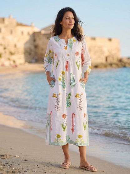 Botanical Maxi Dress Cotton White Multi