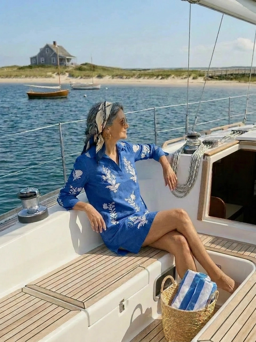 Short Tourist Dress Blue with White Embroidery Cotton