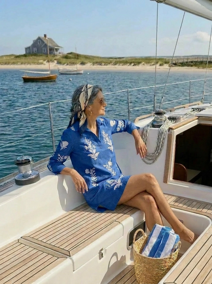 Short Tourist Dress Blue with White Embroidery Cotton