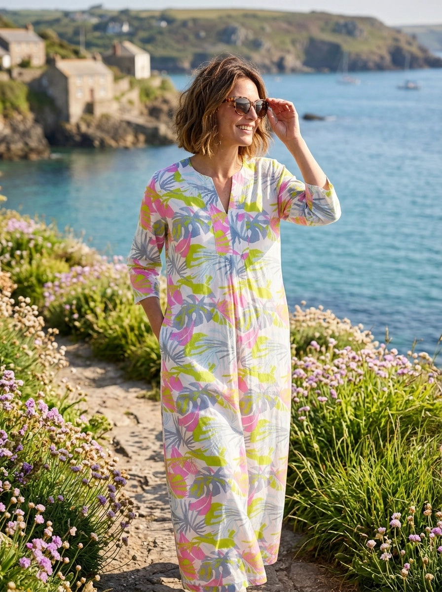 Fern Silver Leaf Maxi Dress Linen Multi