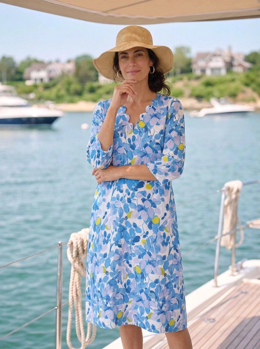 Green Plum Scallop V Neck Midi Dress Linen Blue