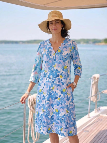 Green Plum Scallop V Neck Midi Dress Linen Blue