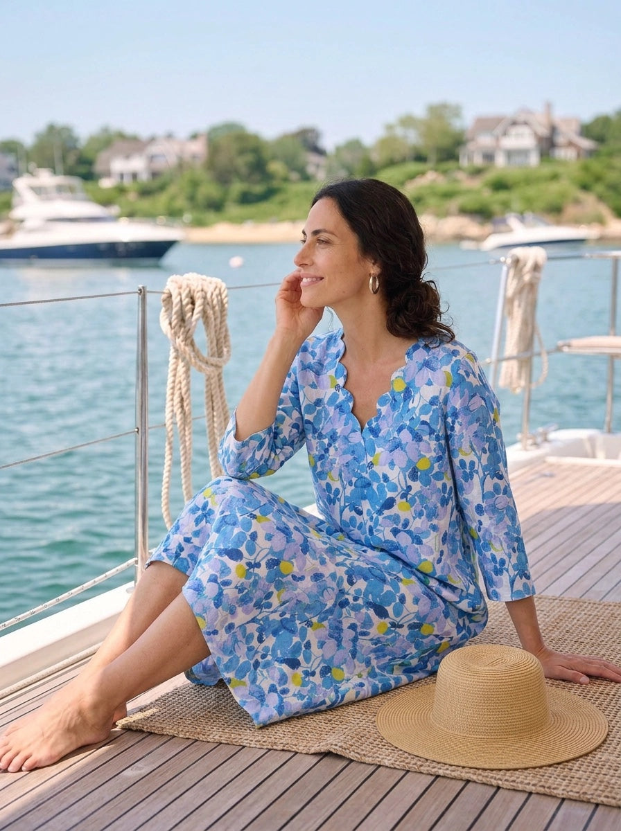 Green Plum Scallop V Neck Midi Dress Linen Blue