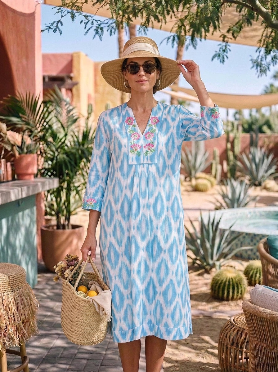 Ikat Embroidered Picot Midi Dress Linen Blue
